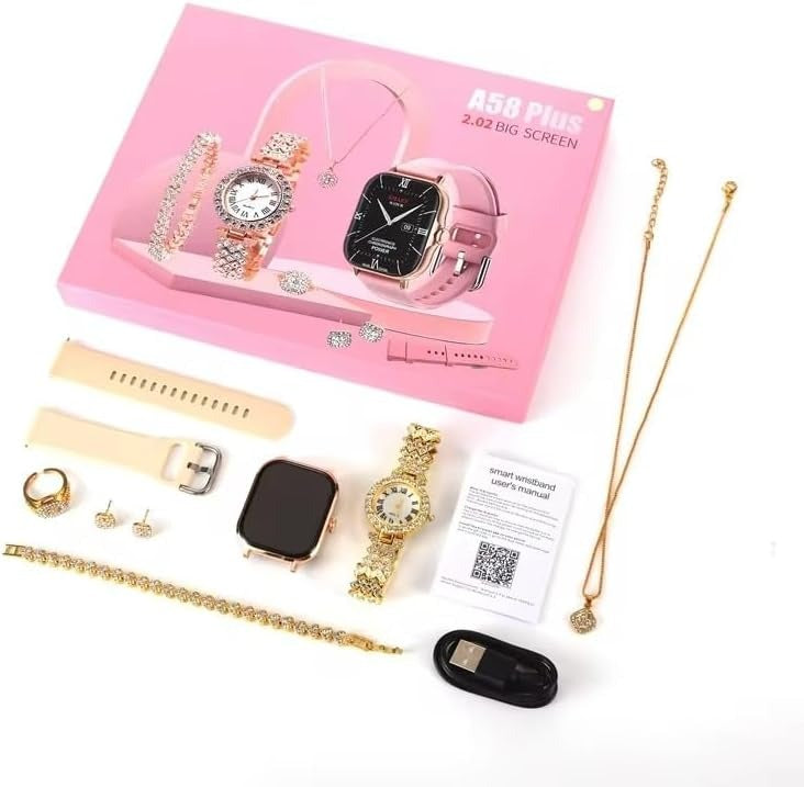 A58 Plus Smart Watch with Elegant Jewellery Combo-Perfect Gift Set